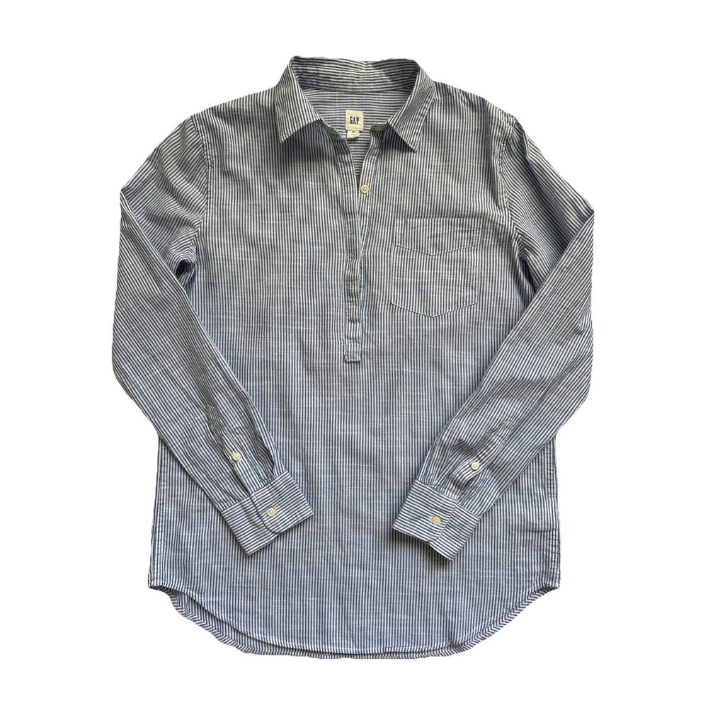 NWT Gap Shirt Women XS Striped Blue White Boyfriend Popover Long Sleeves Cotton